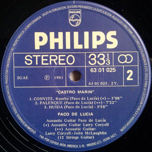 Paco De Lucía - Castro Marin (Vinyl, LP, Album) Very Good (VG) / Very Good (VG)