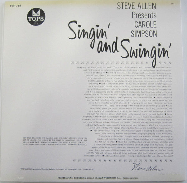 Steve Allen (3) - Singin' And Swingin' (Vinyl, LP, Reissue, Mono) Very Good Plus (VG+) / Very Good (VG)