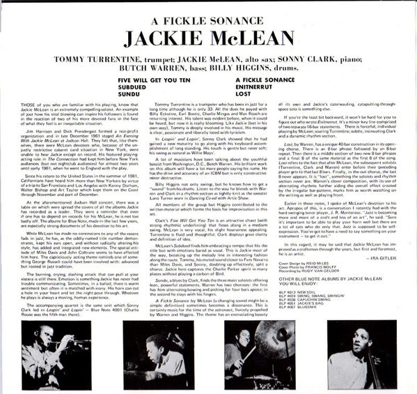 Jackie McLean - A Fickle Sonance (Vinyl, LP, Album, Reissue, Stereo) Near Mint (NM or M-) / Very Good Plus (VG+)