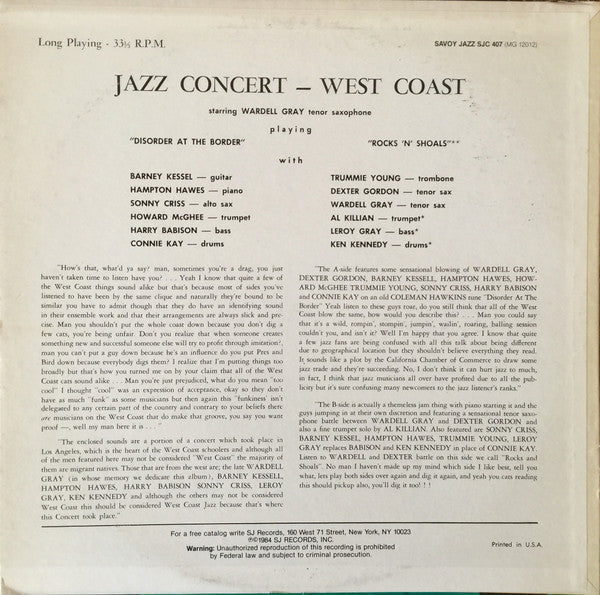 Dexter Gordon - Jazz Concert - West Coast (Vinyl, LP, Album, Reissue, Mono) Very Good (VG) / Very Good (VG)