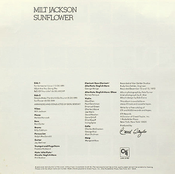 Milt Jackson - Sunflower (Vinyl, LP, Album, Limited Edition, Reissue)