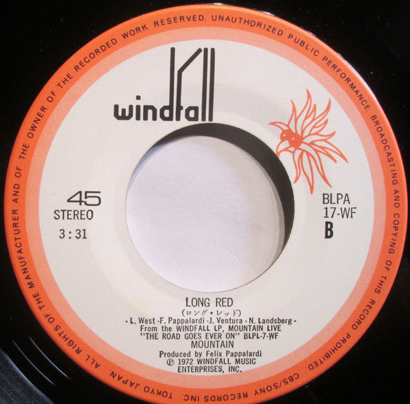 Mountain - Travelin' In The Dark (For E.M.P.) / Long Red (Vinyl, 7", Single, 45 RPM) Very Good (VG) / Very Good Plus (VG+)