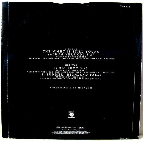 Billy Joel - The Night Is Still Young (Vinyl, 12", Single, 45 RPM) Good Plus (G+) / Very Good Plus (VG+)