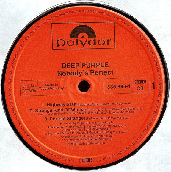 Deep Purple - Nobody's Perfect (2xVinyl, LP, Album, Stereo) Very Good (VG) / Good Plus (G+)