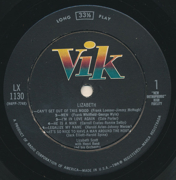 Lizabeth Scott - Lizabeth (Vinyl, LP, Album, Mono) Very Good (VG) / Very Good Plus (VG+)