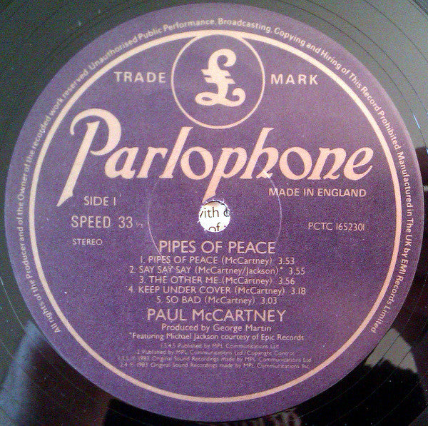 Paul McCartney - Pipes Of Peace (Vinyl, LP, Album, Stereo) Very Good (VG) / Good Plus (G+)