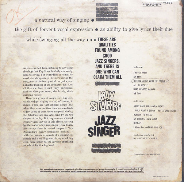 Kay Starr - Kay Starr: Jazz Singer (Vinyl, LP, Mono) Good Plus (G+) / Poor (P)
