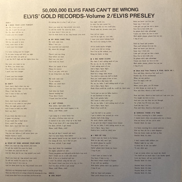 Elvis Presley - 50,000,000 Elvis Fans Can't Be Wrong (Elvis' Gold Records, Vol. 2) (Vinyl, LP, Compilation, Reissue, Stereo) Very Good Plus (VG+) / Very Good (VG)
