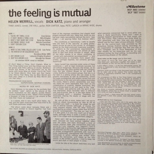 Helen Merrill - The Feeling Is Mutual (Vinyl, LP, Album, Reissue) Very Good (VG) / Good Plus (G+)