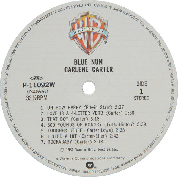 Carlene Carter - Blue Nun (Vinyl, LP, Album) Very Good Plus (VG+) / Very Good Plus (VG+)