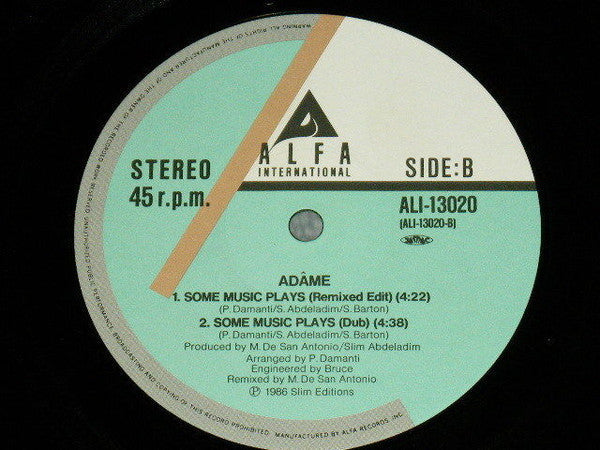 Adâme - Some Music Plays (Vinyl, 12", 45 RPM) Very Good Plus (VG+) / Very Good Plus (VG+)