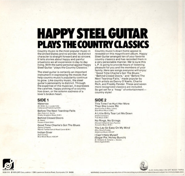Happy Steel Guitar - Plays The Country Classics (Vinyl, LP, Album) Very Good Plus (VG+) / Very Good (VG)
