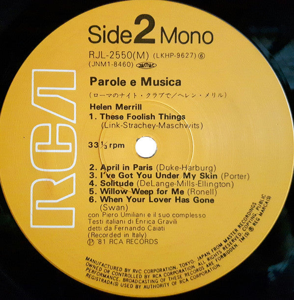 Helen Merrill - Parole E Musica (Vinyl, Mono, LP, Album, Reissue) Very Good Plus (VG+) / Very Good Plus (VG+)