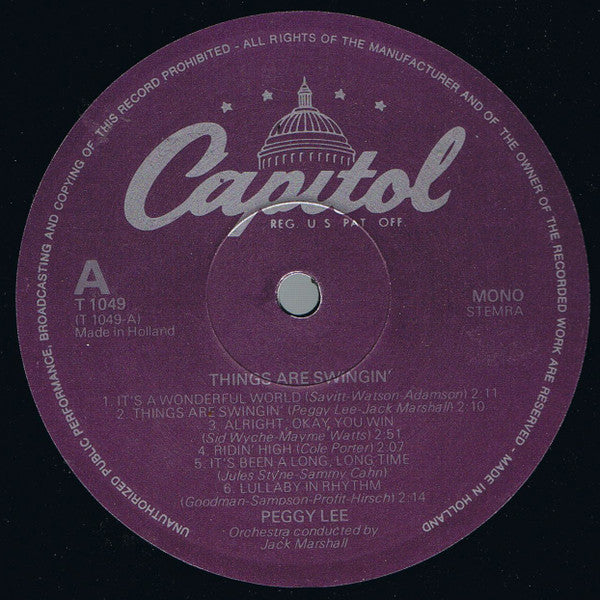 Peggy Lee - Things Are Swingin' (Vinyl, LP, Album, Mono, Reissue) Very Good Plus (VG+) / Very Good (VG)