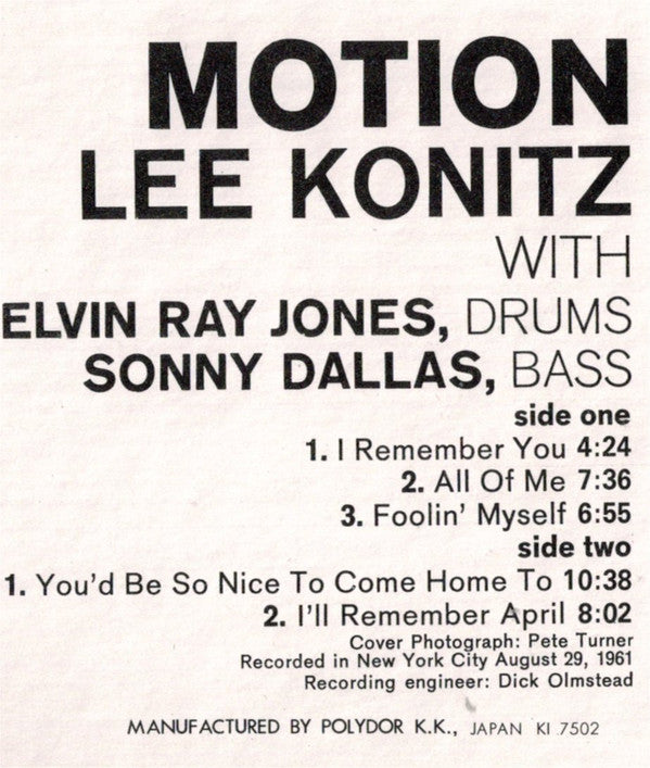 Lee Konitz - Motion (Vinyl, LP, Album, Reissue, Stereo) Very Good (VG) / Good Plus (G+)