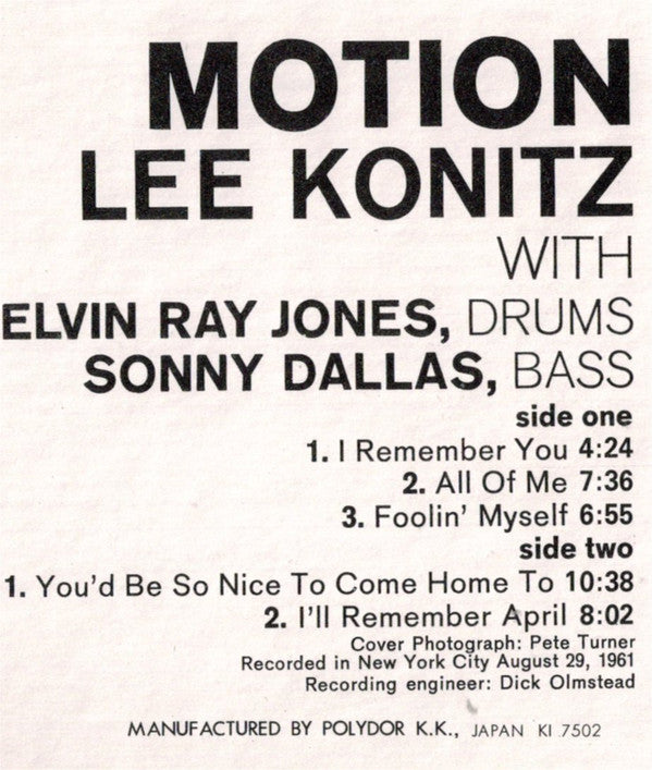 Lee Konitz - Motion (Vinyl, LP, Album, Reissue, Stereo)