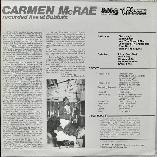 Carmen McRae - Recorded Live At Bubba's (Vinyl, LP, Album) Very Good Plus (VG+) / Very Good (VG)