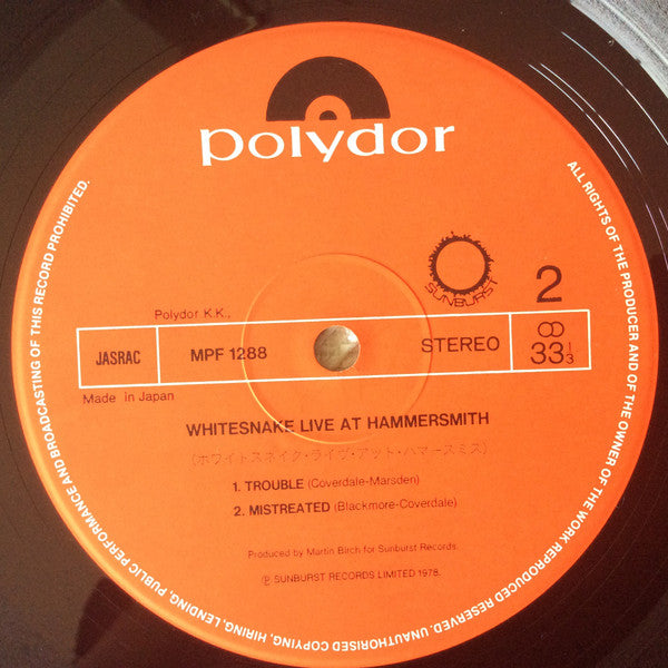 Whitesnake - Live At Hammersmith (Vinyl, LP, Album, Limited Edition) Near Mint (NM or M-) / Very Good Plus (VG+)