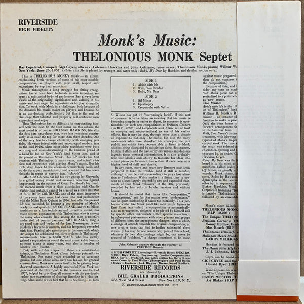 Thelonious Monk Septet - Monk's Music (Vinyl, LP, Album, Reissue, Stereo) Very Good Plus (VG+) / Good Plus (G+)