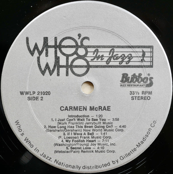 Carmen McRae - Recorded Live At Bubba's (Vinyl, LP, Album) Very Good Plus (VG+) / Very Good (VG)