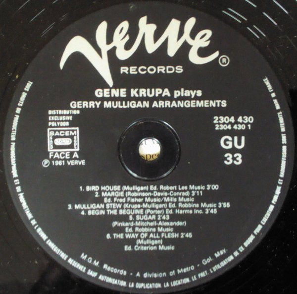 Gene Krupa - Gene Krupa Plays Gerry Mulligan Arrangements (Vinyl, LP, Album, Stereo, Reissue) Very Good Plus (VG+) / Very Good (VG)