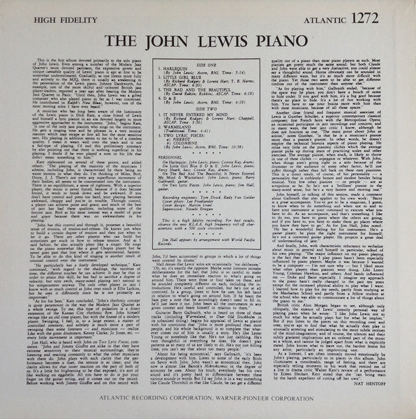 John Lewis (2) - The John Lewis Piano (Vinyl, LP, Album, Reissue, Mono) Very Good Plus (VG+) / Very Good Plus (VG+)