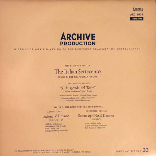 Alessandro Scarlatti - Su Le Sponde De Tebro / Lizione V E Minor / Sonata Op. 5 No. 12 D Minor (Vinyl, LP, Mono) Very Good (VG) / Very Good (VG)