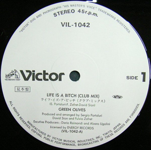 Green Olives - Life Is A Bitch (Vinyl, 12", Maxi-Single, Promo) Very Good Plus (VG+) / Very Good (VG)