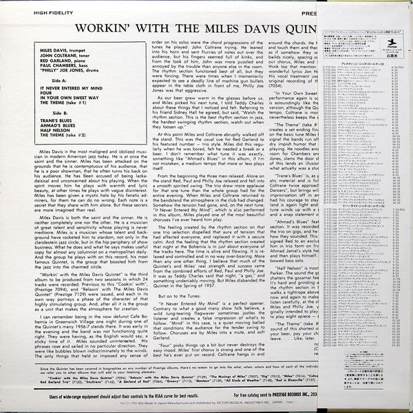 The Miles Davis Quintet - Workin' With The Miles Davis Quintet (Vinyl, LP, Album, Mono, Reissue) Very Good Plus (VG+) / Very Good (VG)