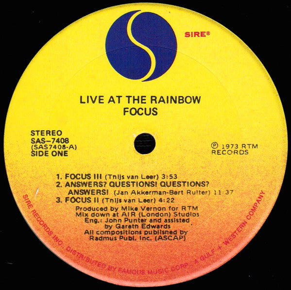 Focus (2) - Live At The Rainbow (Vinyl, LP, Album, Stereo) Good Plus (G+) / Very Good (VG)