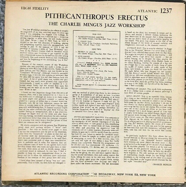 Charles Mingus Jazz Workshop - Pithecanthropus Erectus (Vinyl, LP, Album, Reissue, Mono) Very Good (VG) / Very Good (VG)