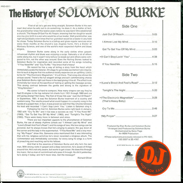 Solomon Burke - The History Of Solomon Burke (Vinyl, LP, Compilation, Promo) Very Good (VG) / Very Good (VG)