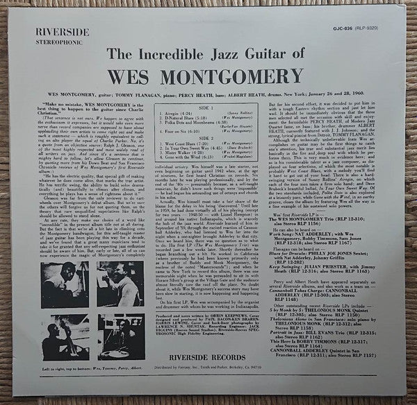 Wes Montgomery - The Incredible Jazz Guitar Of Wes Montgomery (Vinyl, LP, Album, Reissue) Very Good Plus (VG+) / Very Good (VG)