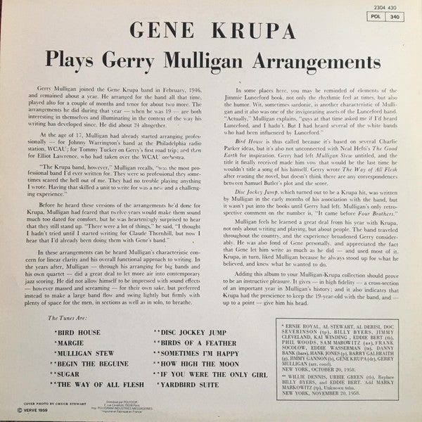 Gene Krupa - Gene Krupa Plays Gerry Mulligan Arrangements (Vinyl, LP, Album, Stereo, Reissue) Very Good Plus (VG+) / Very Good (VG)