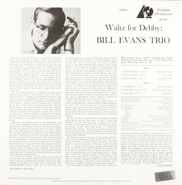 The Bill Evans Trio - Waltz For Debby (Vinyl, LP, Album, Limited Edition, Numbered, Reissue, Stereo) Very Good Plus (VG+) / Very Good Plus (VG+)