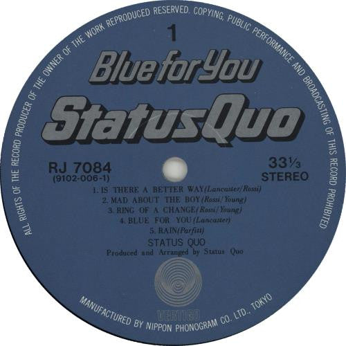 Status Quo - Blue For You (Vinyl, LP, Album, Stereo) Very Good (VG) / Very Good (VG)