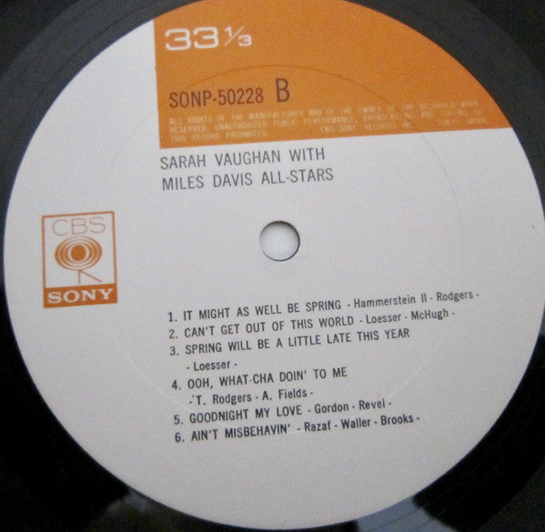 Sarah Vaughan - Sarah Vaughan With Miles Davis All-Stars (Vinyl, LP, Album, Mono) Very Good (VG) / Very Good (VG)