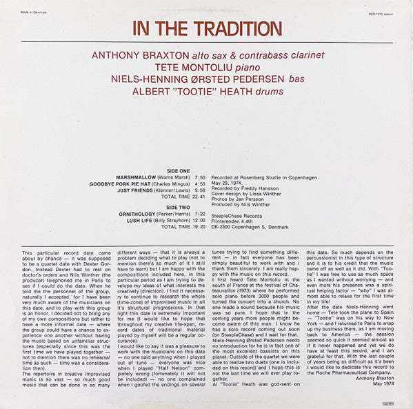 Anthony Braxton - In The Tradition (Vinyl, LP, Album, Stereo) Very Good (VG) / Good Plus (G+)