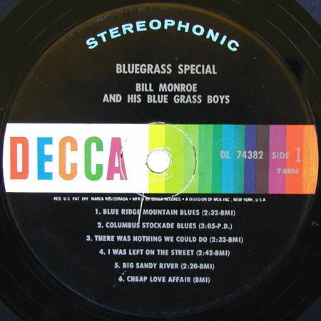 Bill Monroe & His Blue Grass Boys - Bluegrass Special! (Vinyl, LP, Album, Repress, Stereo) Very Good (VG) / Good (G)