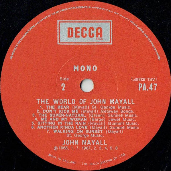 John Mayall - The World Of John Mayall (Vinyl, LP, Compilation, Mono) Very Good (VG) / Very Good (VG)