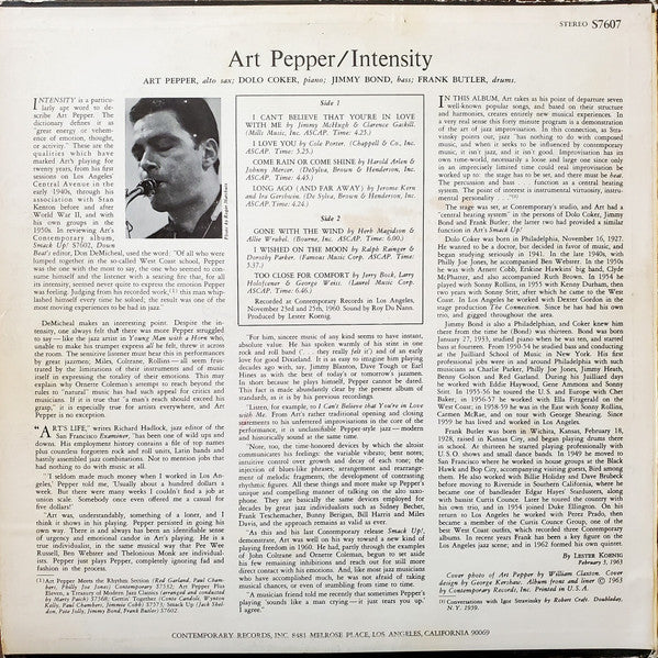 Art Pepper - Intensity (Vinyl, LP, Album, Reissue, Repress, Stereo) Near Mint (NM or M-) / Very Good Plus (VG+)