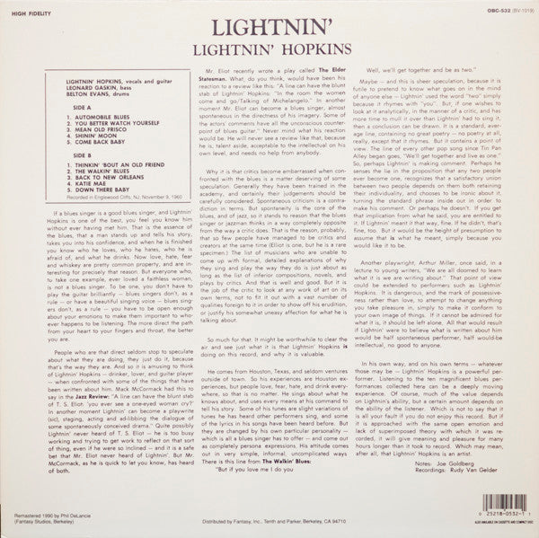 Lightnin' Hopkins - Lightnin' (The Blues Of Lightnin' Hopkins) (Vinyl, LP, Album, Reissue, Remastered, Stereo) Near Mint (NM or M-) / Near Mint (NM or M-)