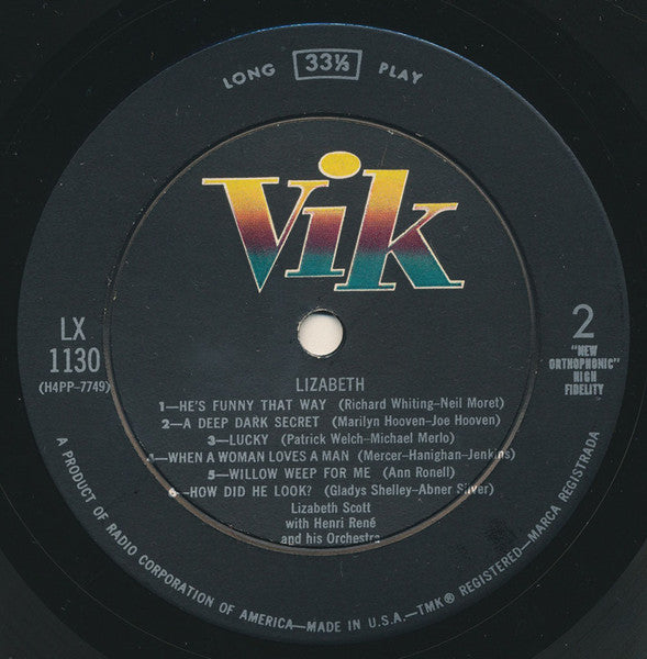 Lizabeth Scott - Lizabeth (Vinyl, LP, Album, Mono) Very Good (VG) / Very Good Plus (VG+)