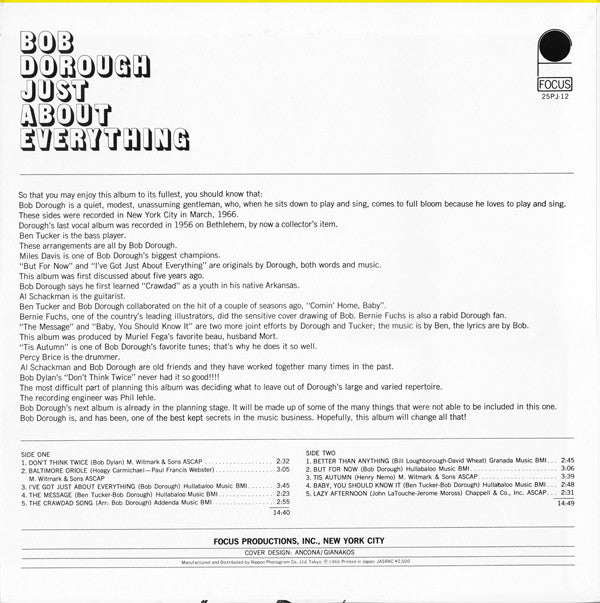 Bob Dorough - Just About Everything (Vinyl, LP, Album, Reissue) Very Good Plus (VG+) / Very Good Plus (VG+)
