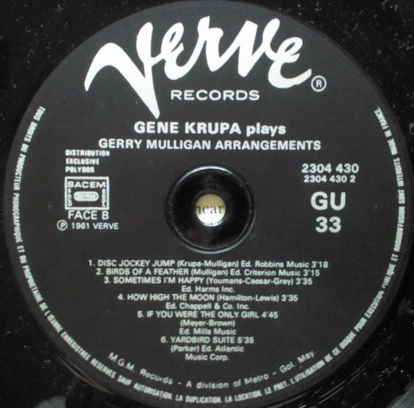 Gene Krupa - Gene Krupa Plays Gerry Mulligan Arrangements (Vinyl, LP, Album, Stereo, Reissue) Very Good Plus (VG+) / Very Good (VG)