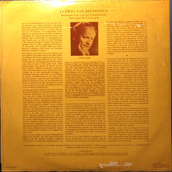 Ludwig van Beethoven - Klaviersonate Nr. 21 C-Dur Op. 53 (Waldstein- Sonate) / Klaviersonate Nr. 22 F-Dur Op. 54 (Vinyl, LP, Mono) Good Plus (G+) / Very Good (VG)