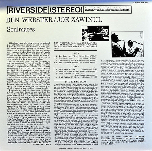 Ben Webster - Soulmates (Vinyl, LP, Album, Reissue, Stereo) Very Good Plus (VG+) / Very Good Plus (VG+)