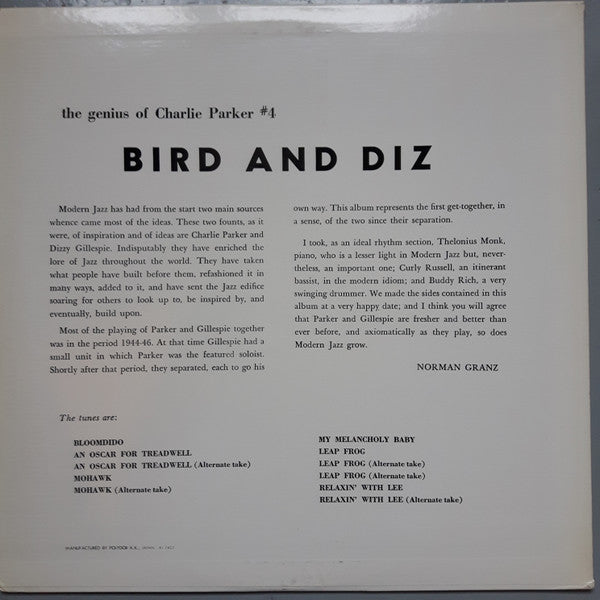 Charlie Parker - Bird And Diz (Vinyl, LP, Album, Reissue, Mono) Very Good Plus (VG+) / Very Good (VG)