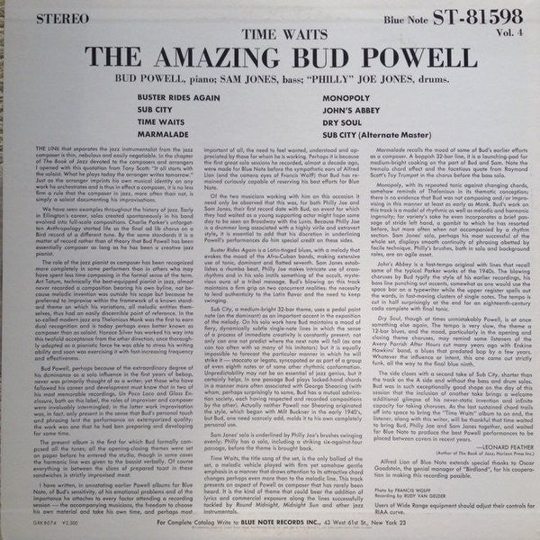 Bud Powell - The Amazing Bud Powell, Vol. 4 - Time Waits (Vinyl, LP, Album, Reissue, Stereo) Very Good Plus (VG+) / Very Good (VG)