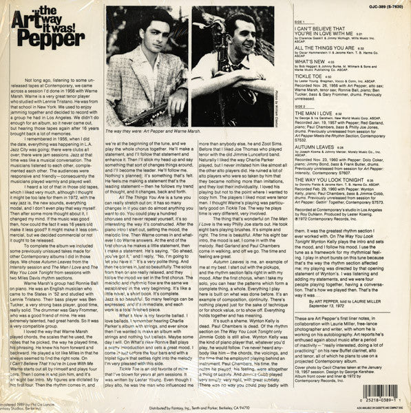 Art Pepper - ...The Way It Was! (Vinyl, LP, Album, Reissue, Remastered) Very Good Plus (VG+) / Very Good Plus (VG+)